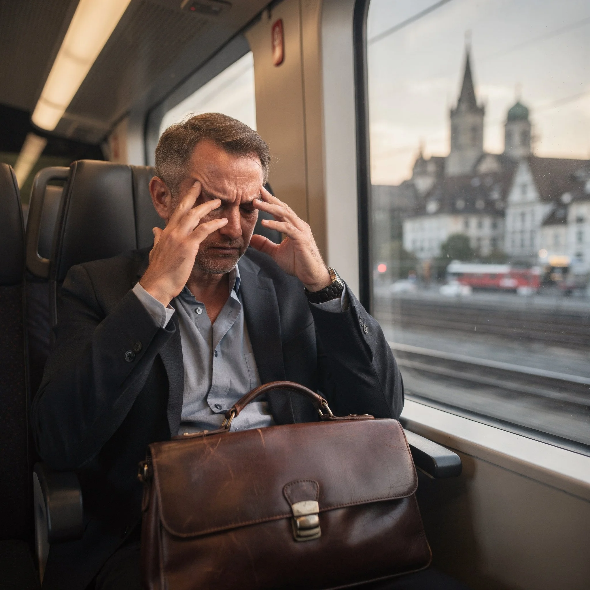 Gestresster Pendler mit Kopfschmerzen im Zug nach Bern – Stressmanagement nötig