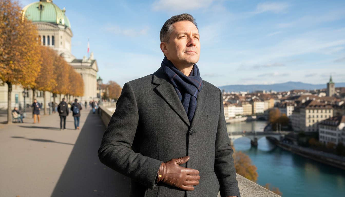 Man 40's walking in bern center being aware of his breath