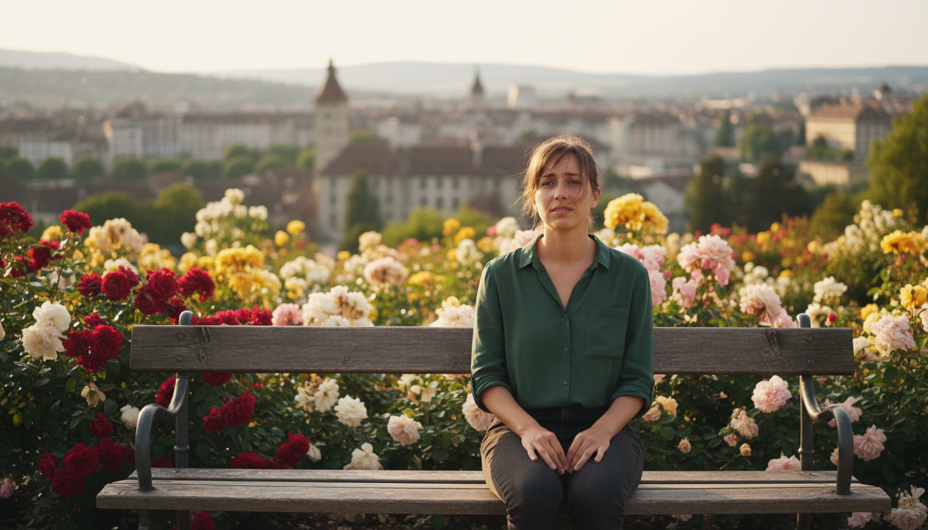 Women 30's sitting on a bench in rosengarten
