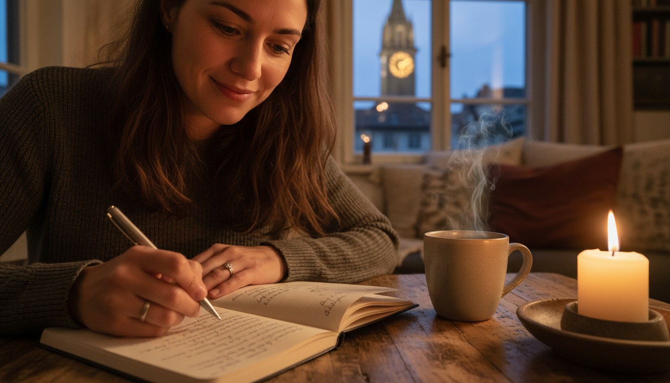 Women 30s happy writing her journal in a cozy living room