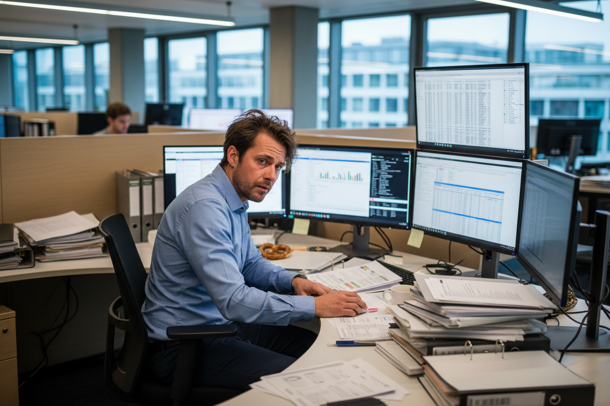 Man 40s, looking tired at work sitting at his office