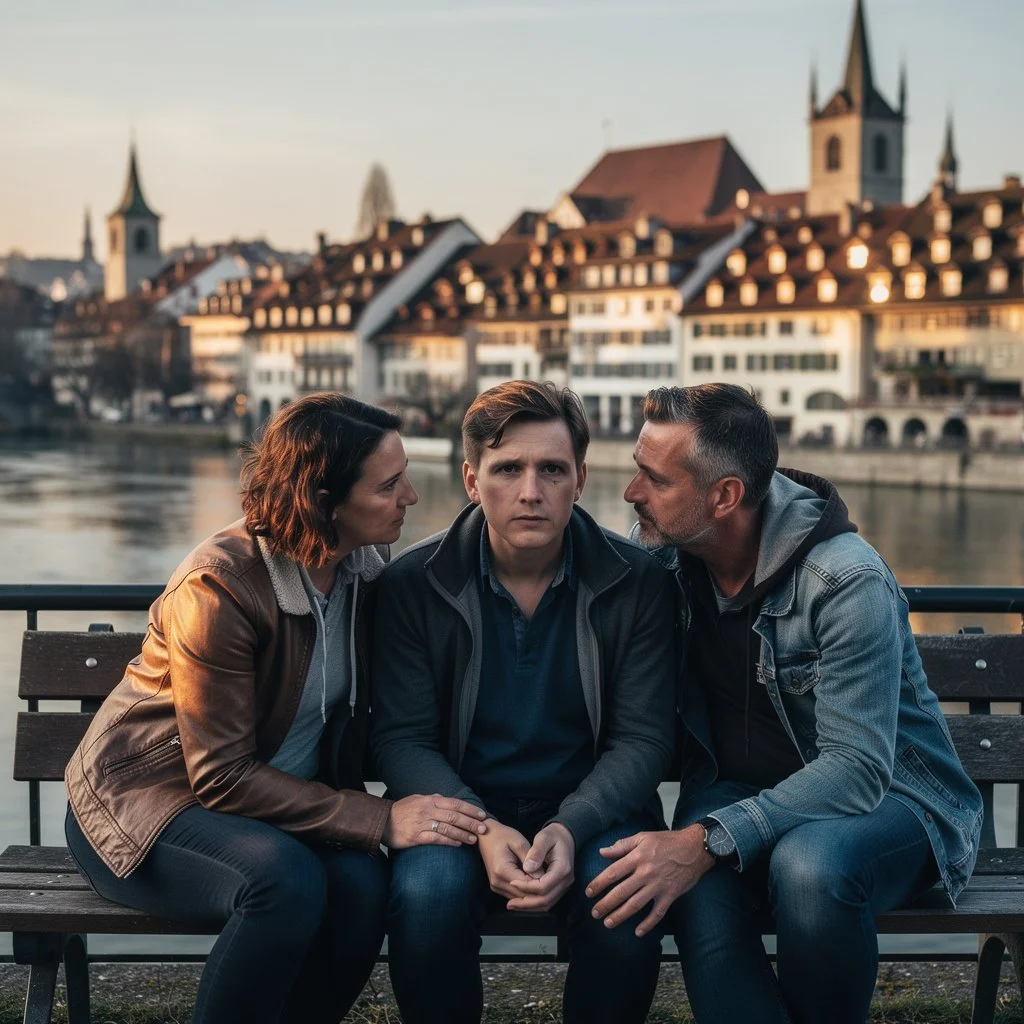 Freunde unterstützen erschöpfte Person mit Blick über Berns Altstadt
