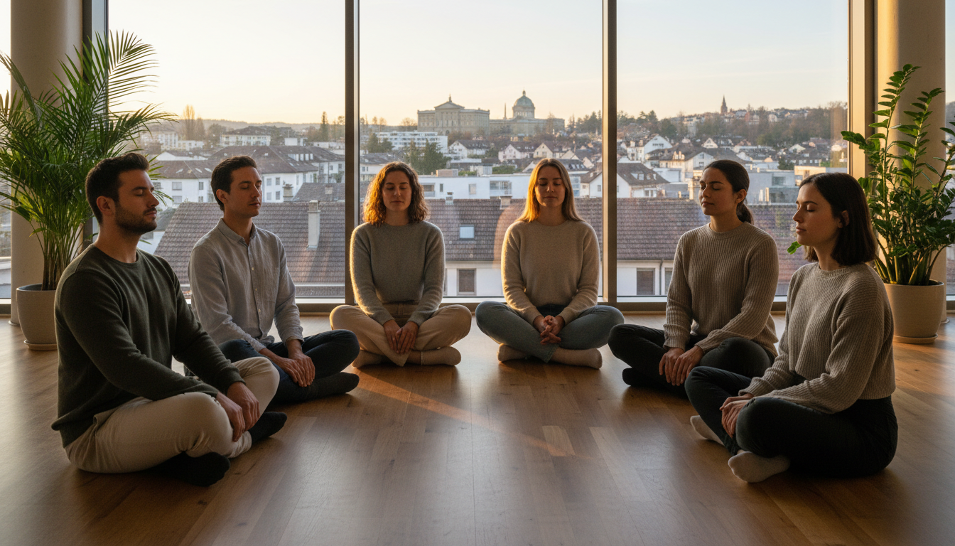 People 30s meditating with bern background