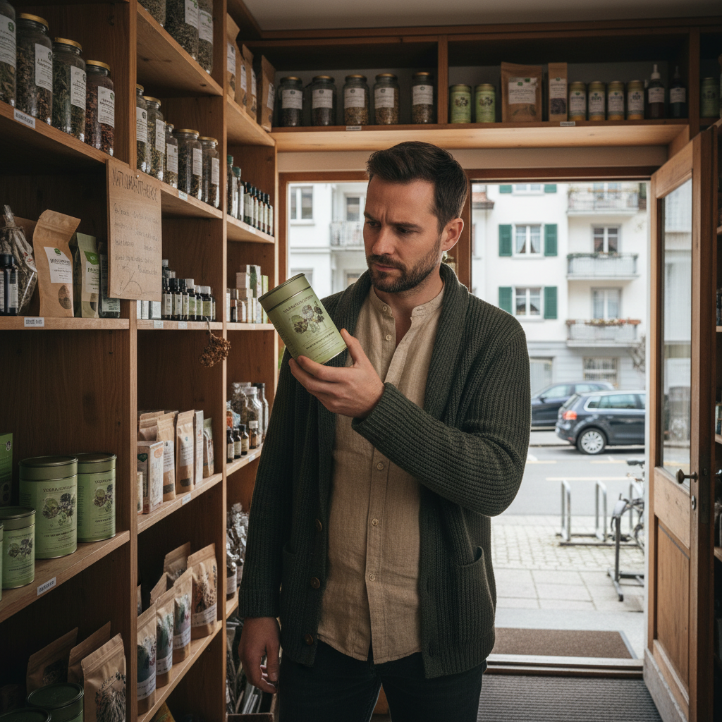Kunde liest Etikett von Vitalpilzen im Mana Shop Ostermundigen