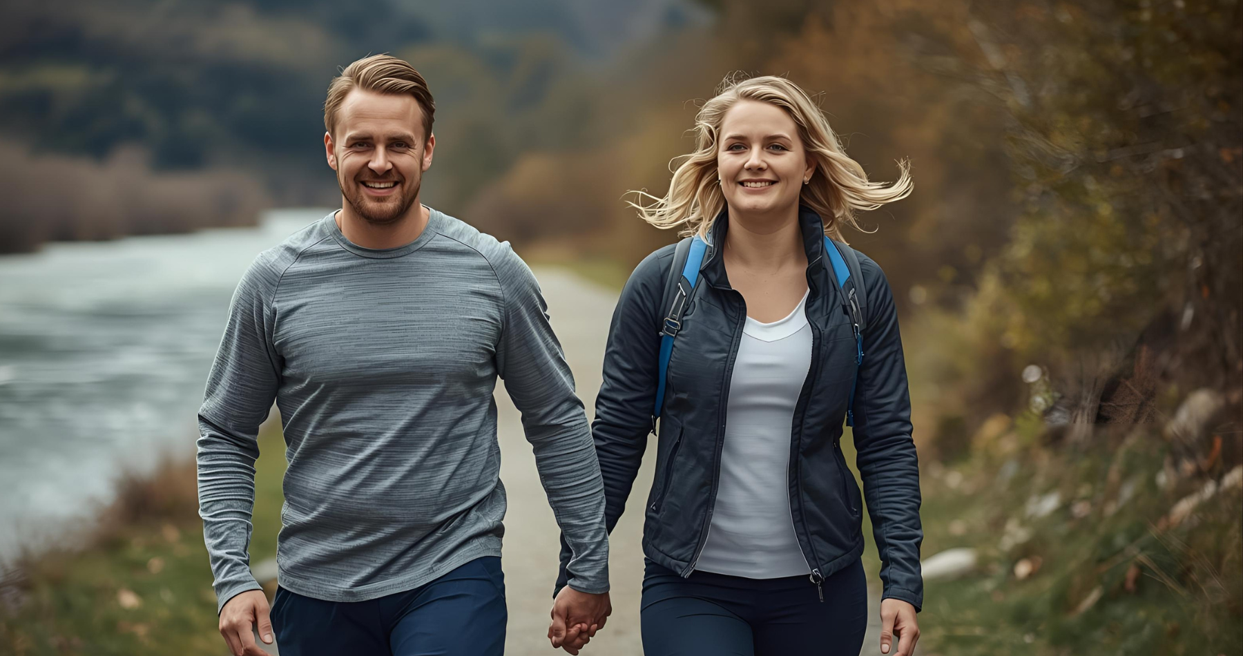 Happy couple 40s, walking hand in hand next to Aare