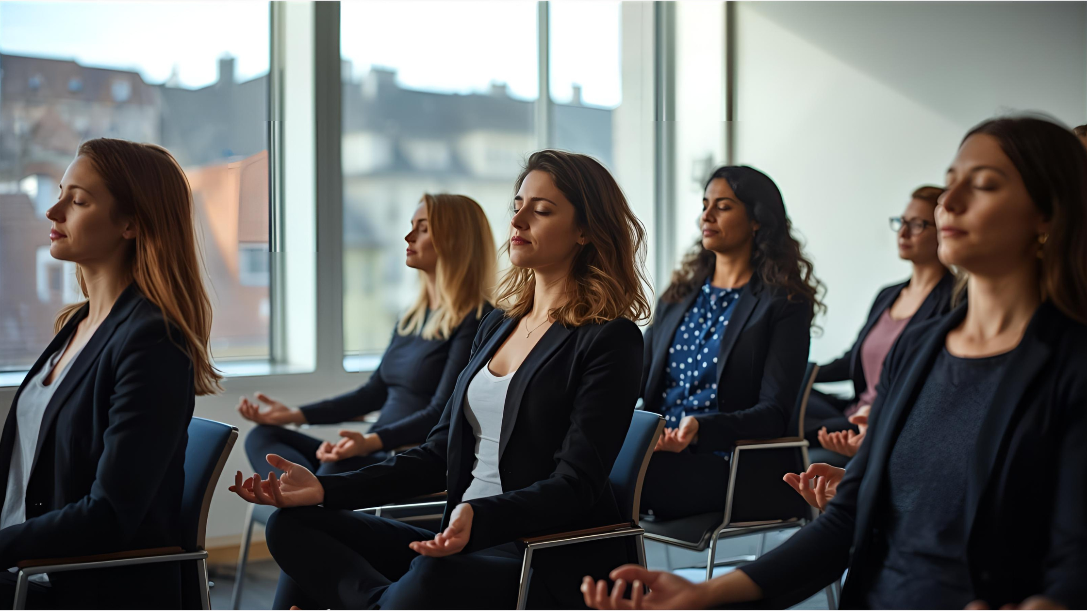 Gruppe von Mitarbeitern oder Geschäftsleuten sitzt in einer Reihe und meditiert oder macht Yoga.