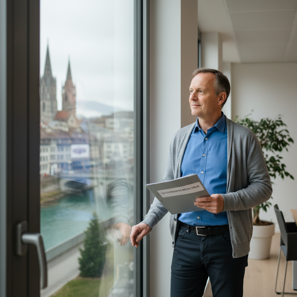 Mann mit Gesundheitsanalyse-Ergebnis blickt hoffnungsvoll auf Bern – Gesundheitsanalyse Bern