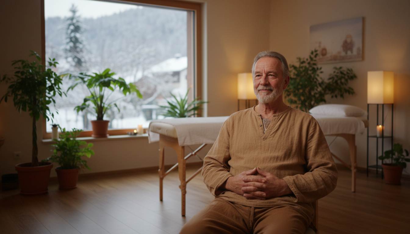 Ein lächelnder älterer Mann sitzt ruhig in einem Therapieraum mit Massageliege, Topfpflanzen und einem großen Fenster, das eine verschneite Landschaft zeigt.