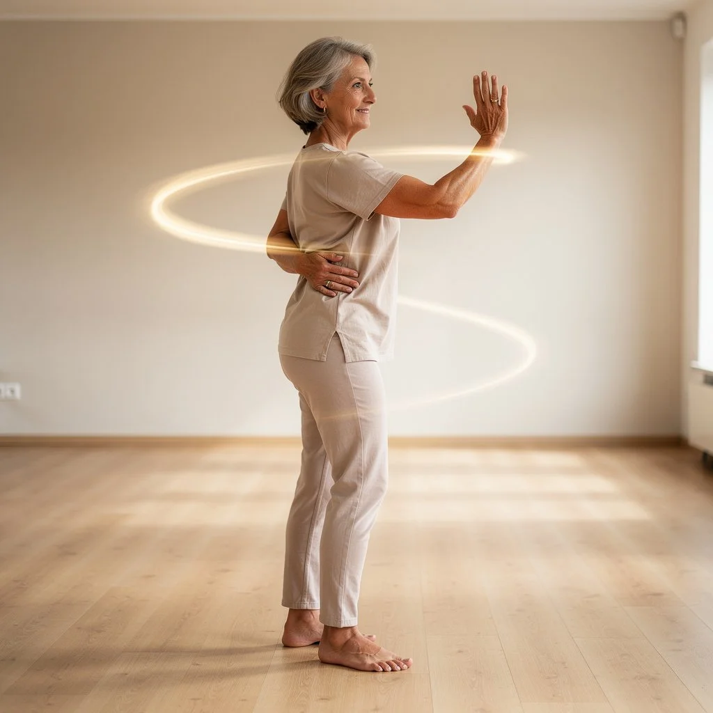 Frau löst Rückenverspannungen mit fliessenden Qi Gong Bewegungen in Bern