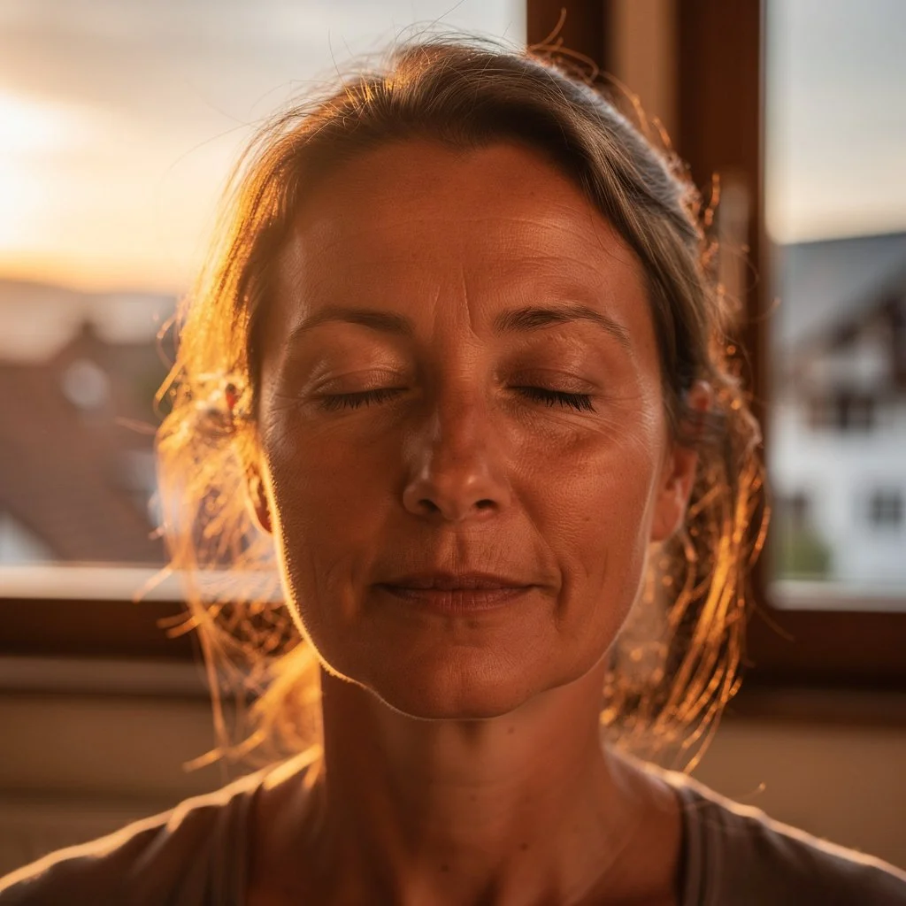 Tiefe Entspannung im Gesicht einer Frau während Qi Gong in Ostermundigen