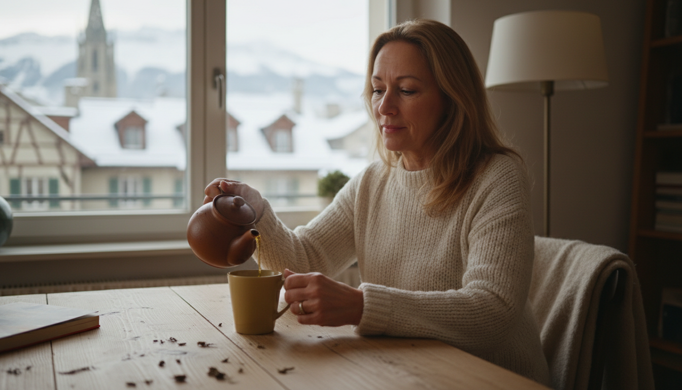 Eine Frau im weißen Pullover sitzt an einem Holztisch und gießt Tee aus einer Tonkanne in eine Tasse, während durch das Fenster eine verschneite europäische Stadt und Berge zu sehen sind.