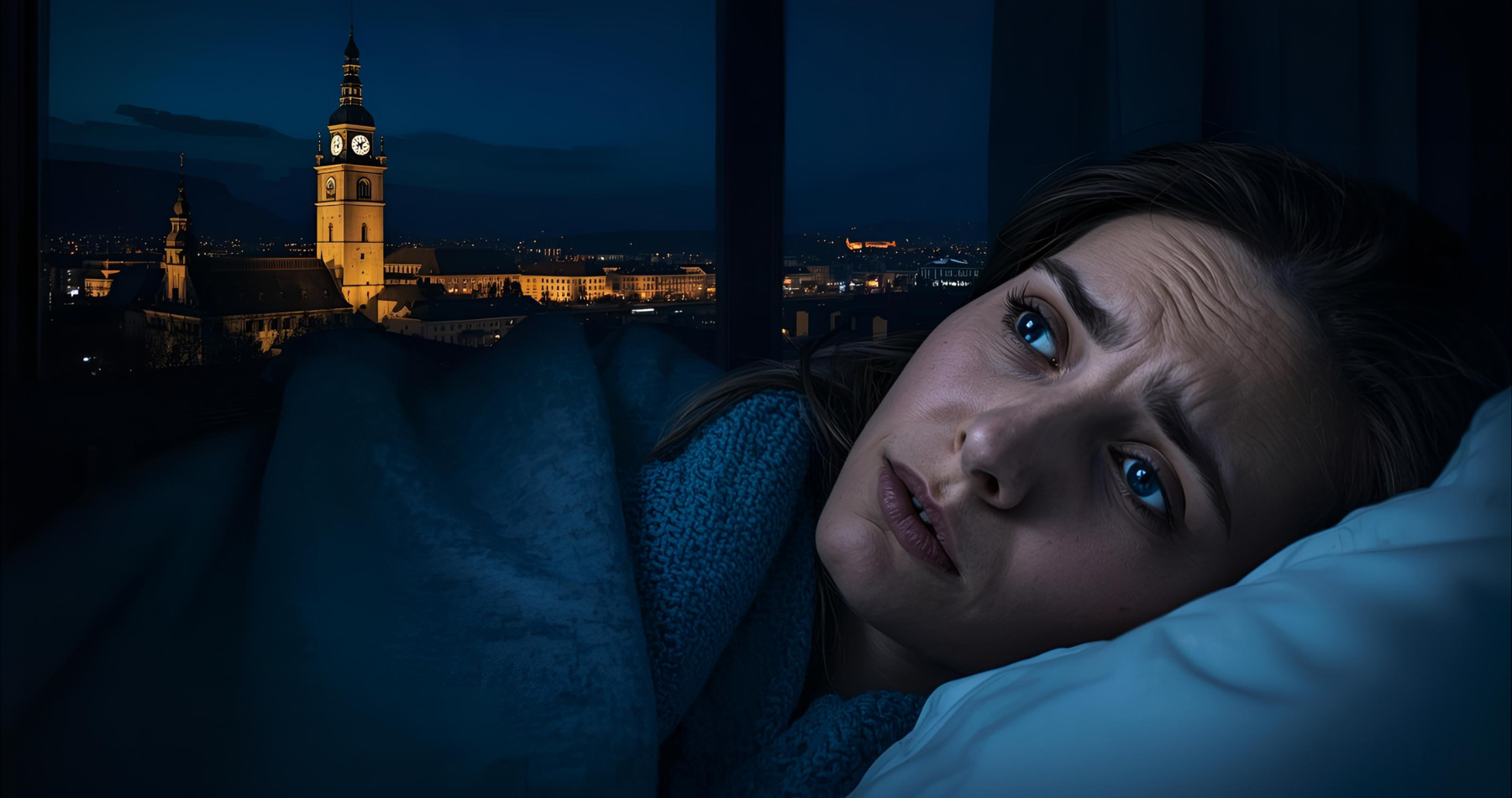 Swiss women, 40s in her bed at night, struggling to sleep
