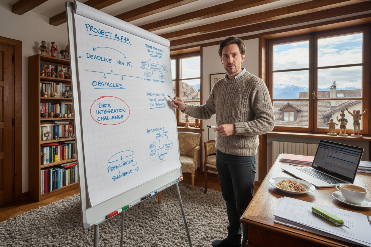 Man 40s during home office point at a flipchart