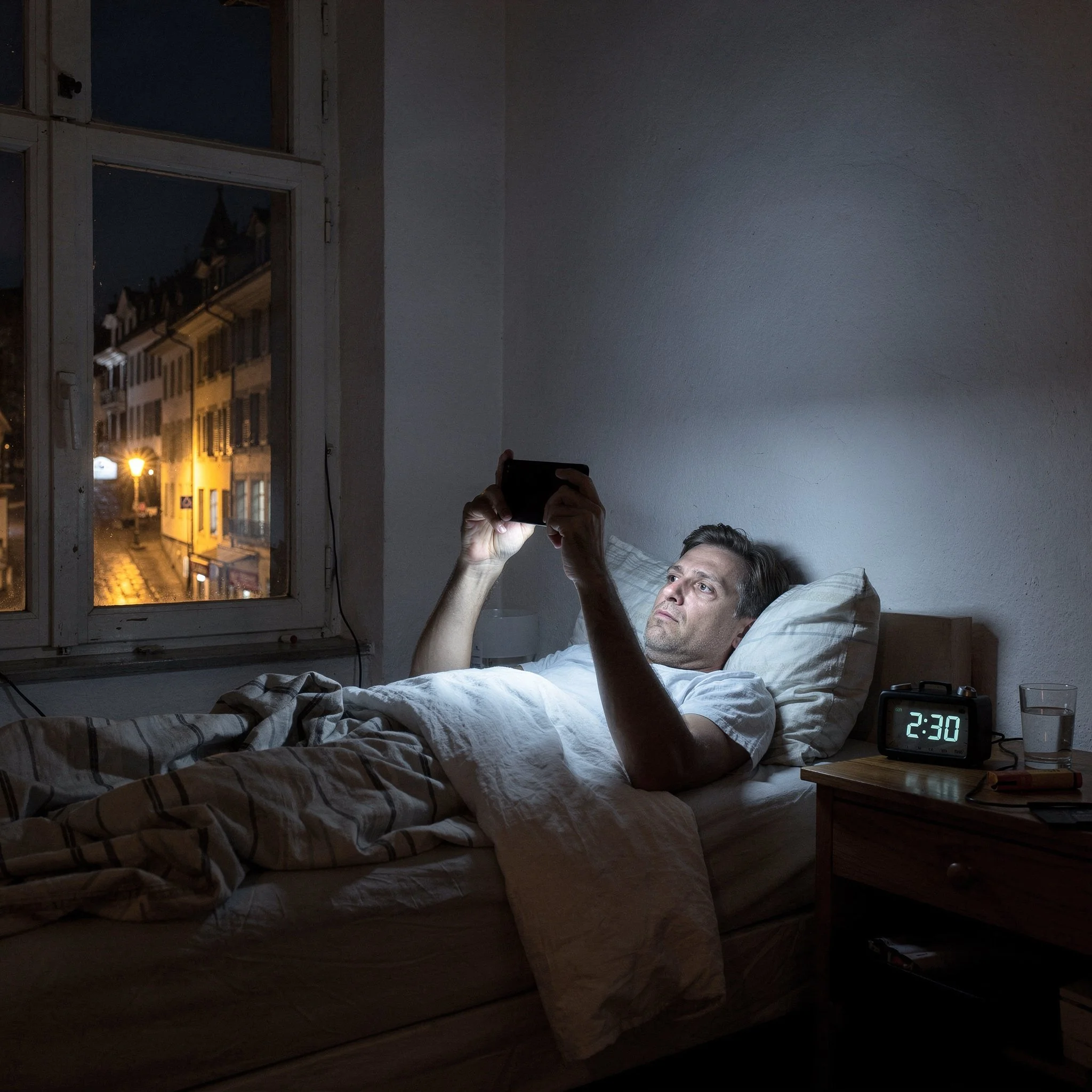 Mann kann nicht schlafen wegen Smartphone-Nutzung nachts in Bern