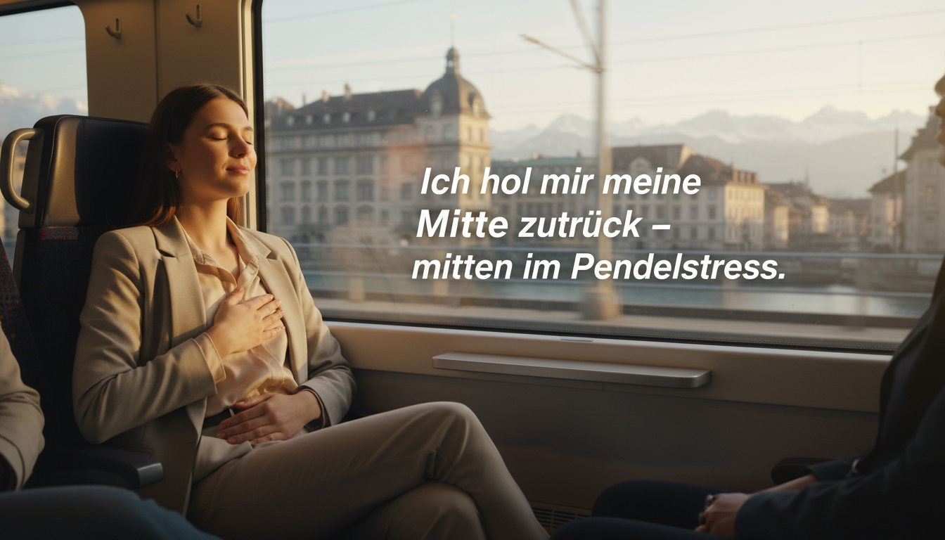 Pendlerin macht Box-Breathing im Zug Richtung Bern – Stressbewältigung im Berner Alltag