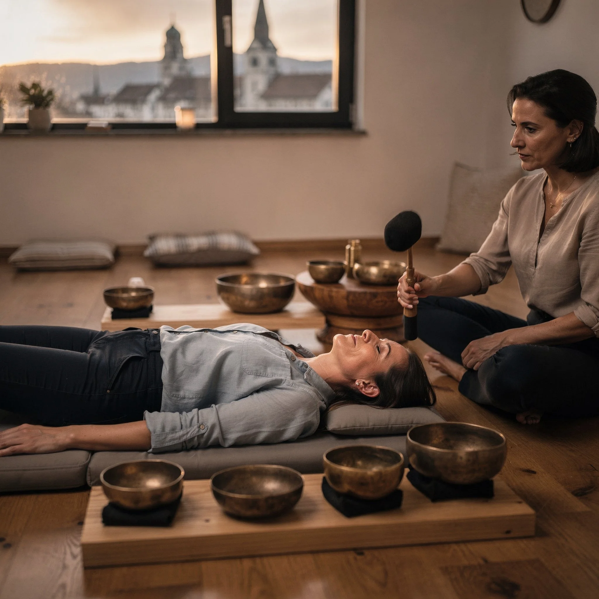 Managerin in Klangtherapie zur Burnout-Prävention mit Abendblick über Bern