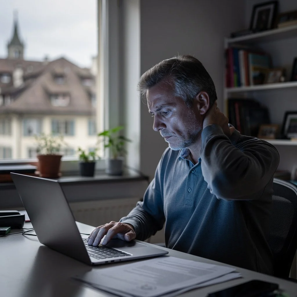 Erschöpfter Mann mit Nackenschmerzen am Schreibtisch im Berner Homeoffice
