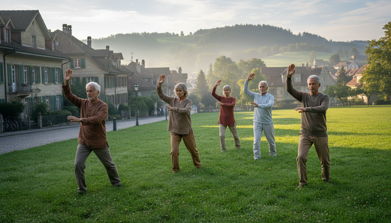 Fünf ältere Erwachsene praktizieren an einem nebelfreien Morgen Tai-Chi auf einer grünen Wiese in einem europäischen Dorf, mit traditionellen Häusern und sanften Hügeln im Hintergrund.