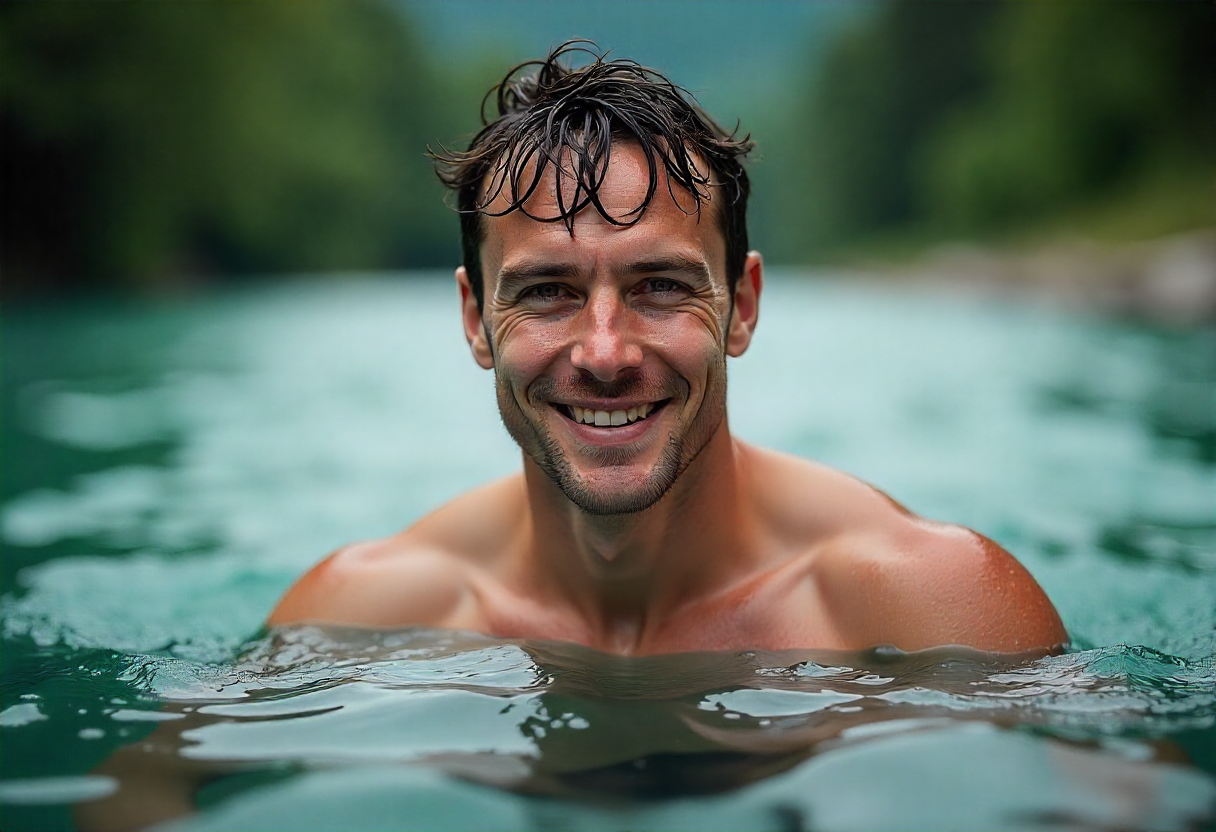 Man 40s, smiling and swimming in th aare.