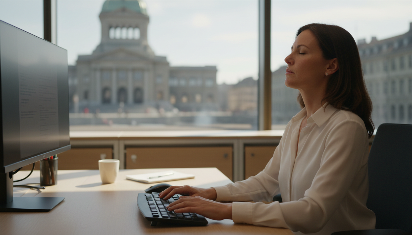Woemn 40's, taking a moment to breath at her desk