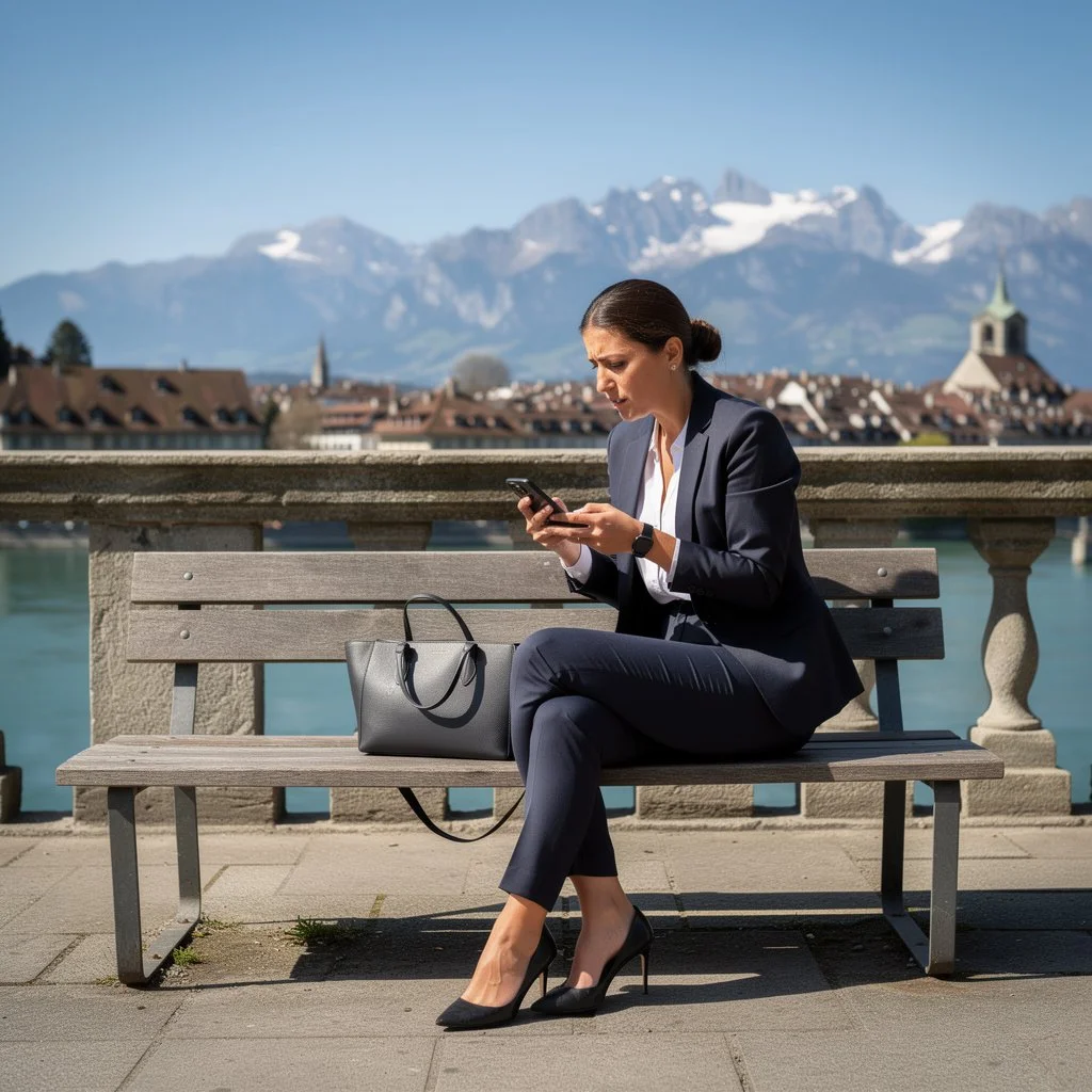Gestresste Frau arbeitet auf Berner Münsterplattform – Nervensystem unter Dauerstrom