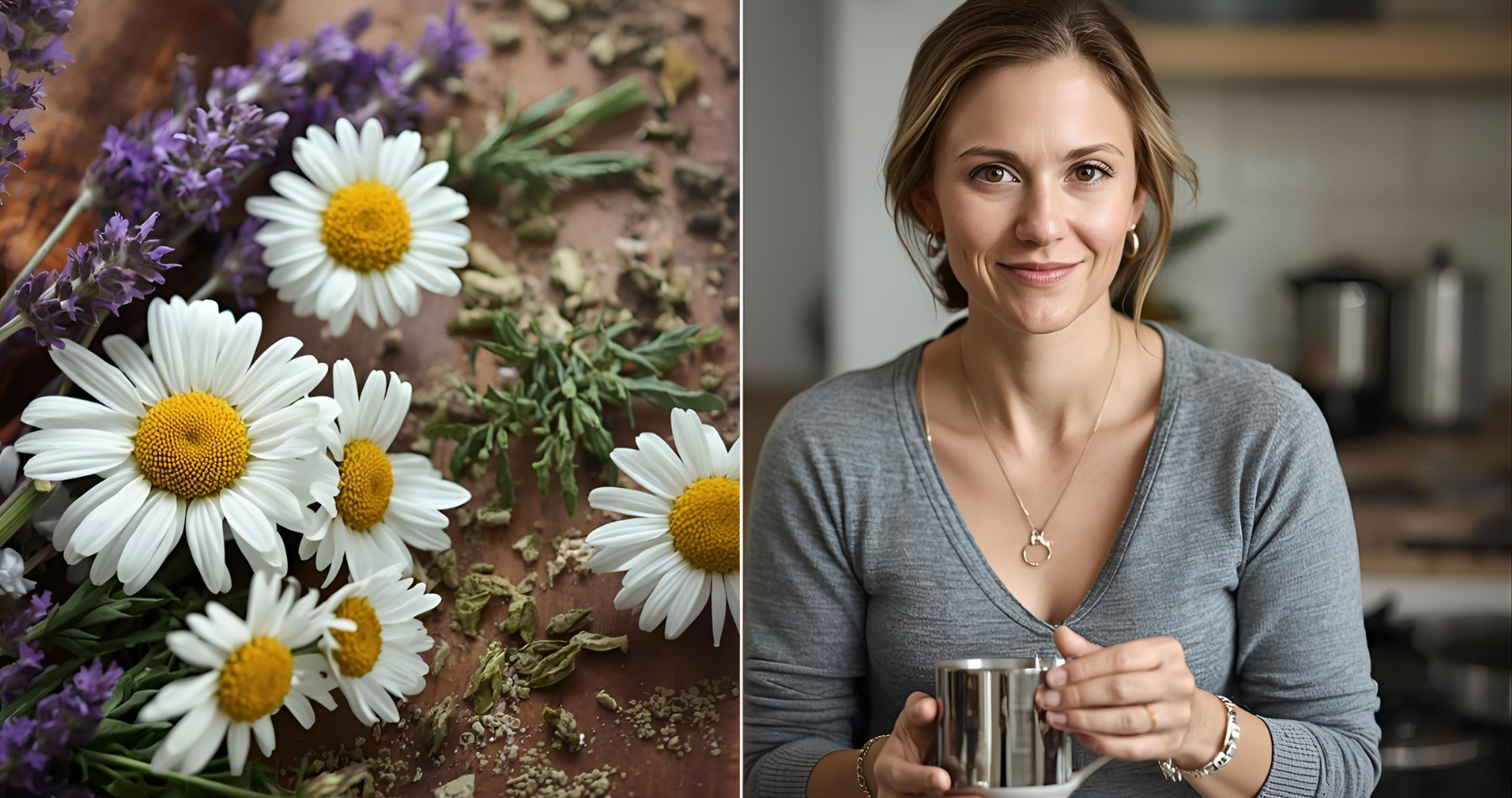 flower on a table. Women 40s with tea in her hand