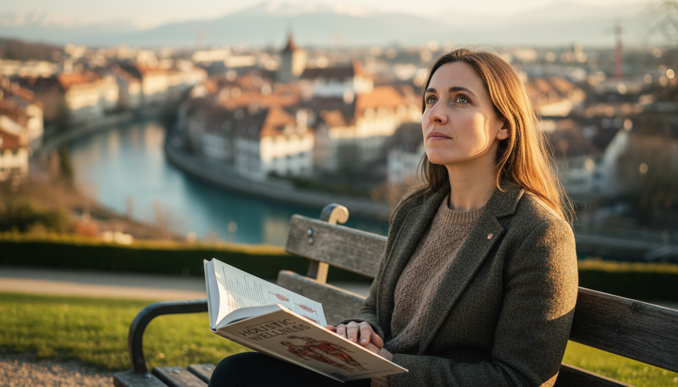 Women 30s sitting in rosengarten reading anatomy book with bern view background