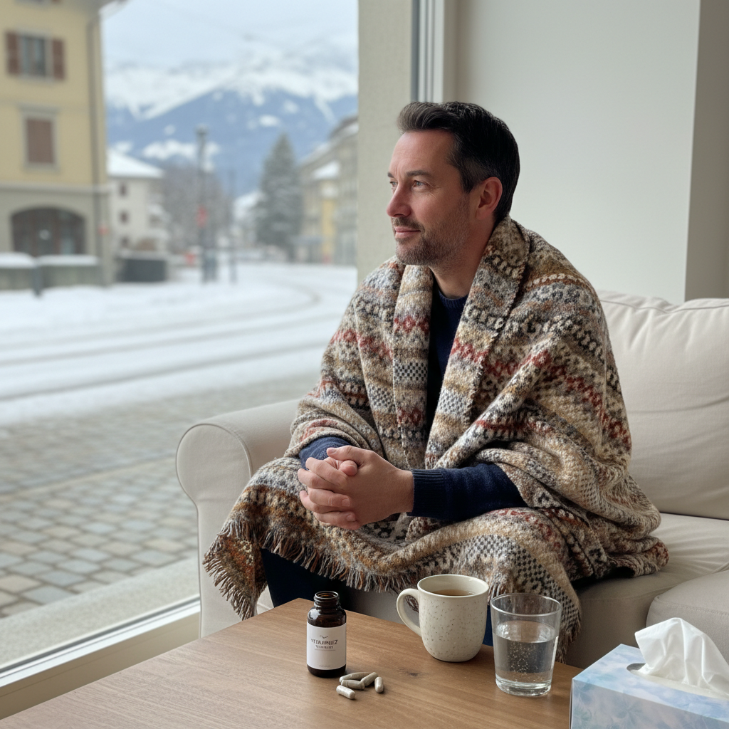 Mann mit Erkältung und Vitalpilzen auf Couchtisch in Bern