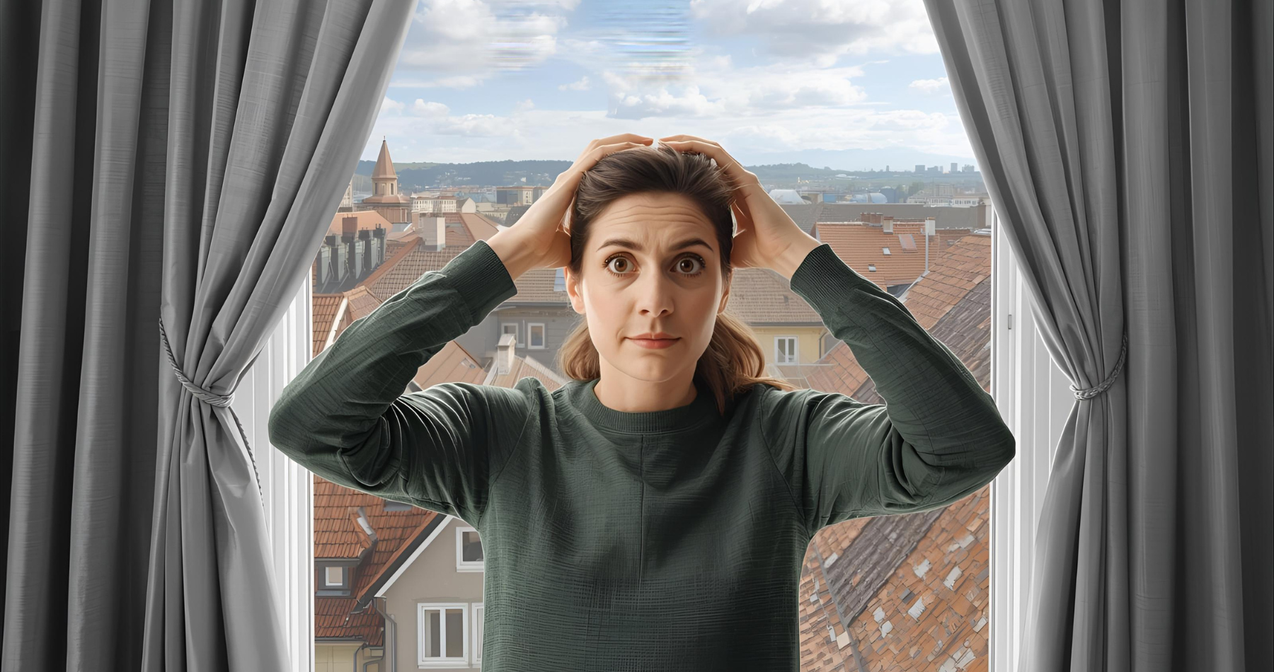 Womens 40s at her window with bern's rooftop view with both hands on her head and eyes wide open