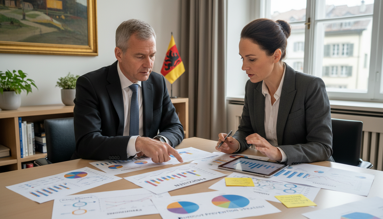 2 business dressed man and women 40s looking at graph and analyses