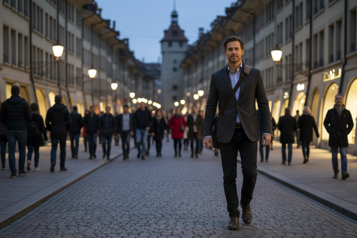 Man 40s walking in bern at night looking refreshed
