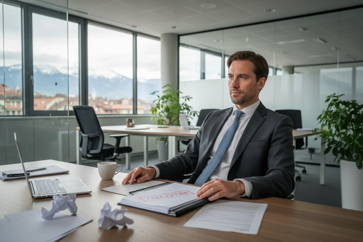 Man 40s sitting at his office in Bern looking through the window