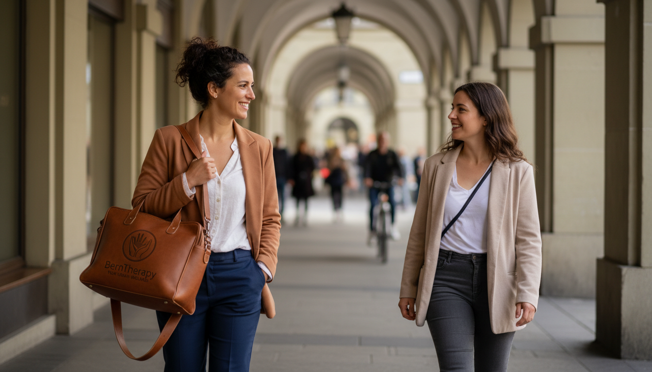 2 women 30s talking and walking together in bern street smiling