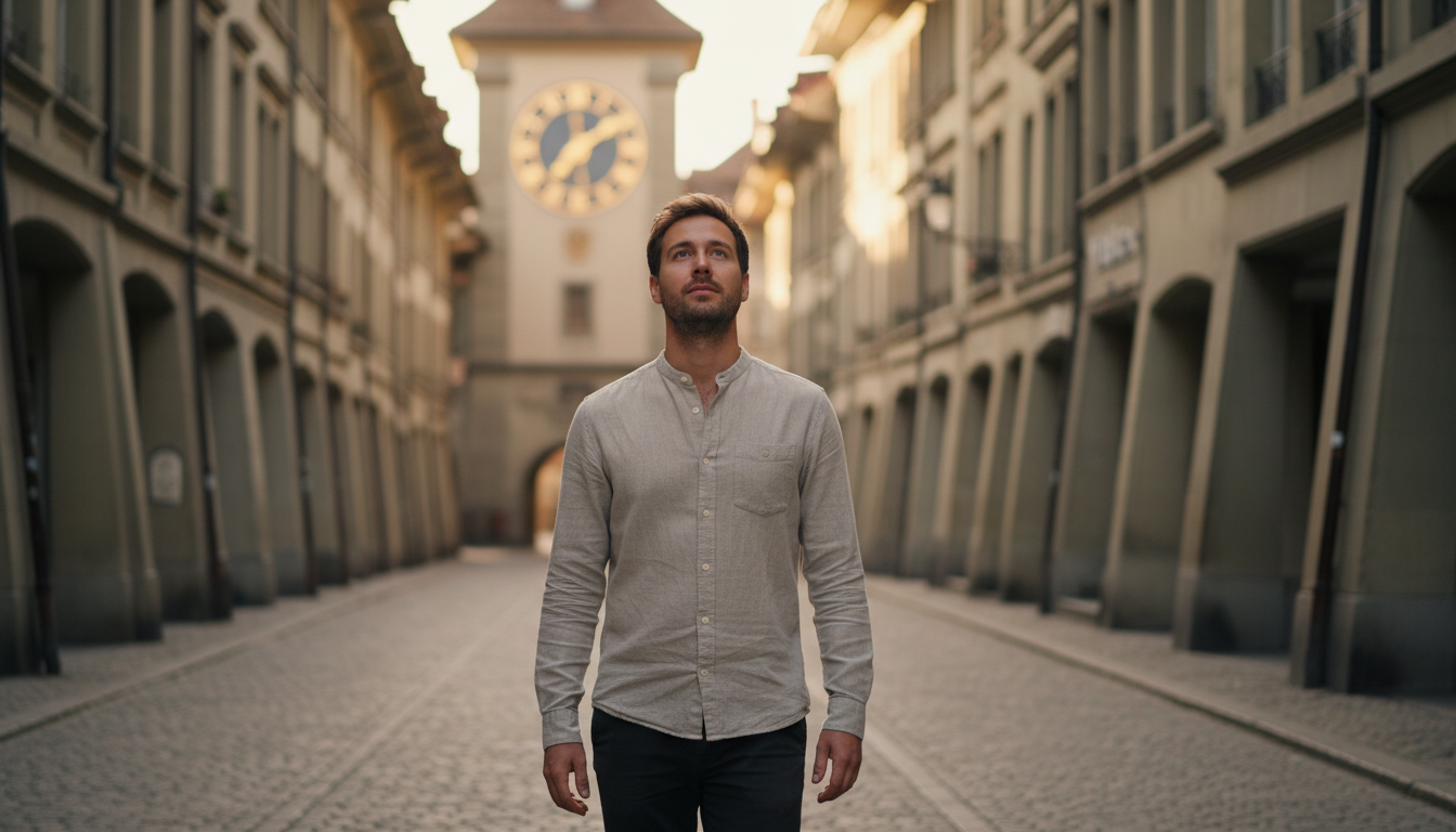 Junger Mann geht achtsam durch Berner Altstadtgassen – Achtsamkeitstraining Ostermundigen