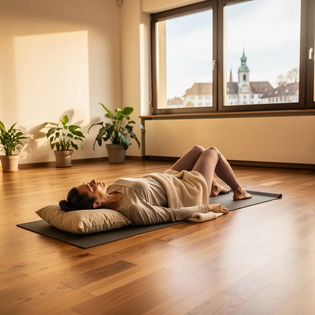 Erschöpfte Frau findet tiefe Entspannung in Yogatherapie nahe Bern