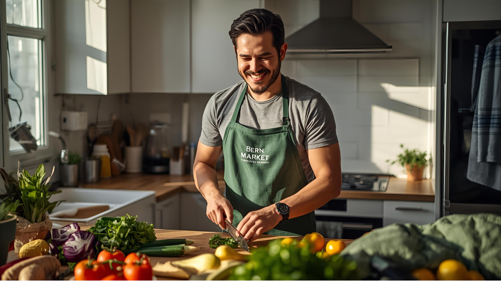 Young man smiling and cooking healthy food in his sunny kitchen