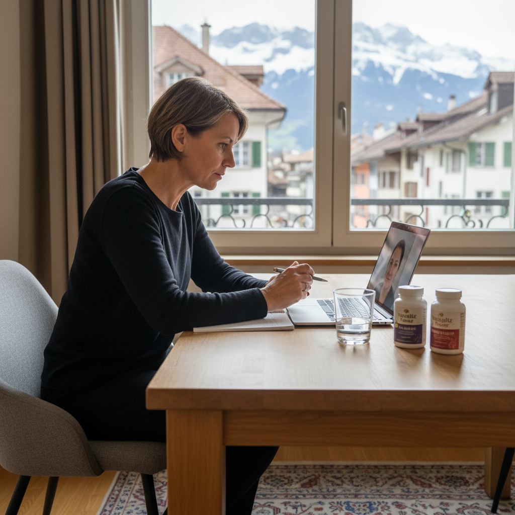 Frau in Bern erhält Online-Beratung zu Vitalpilzen am Esstisch