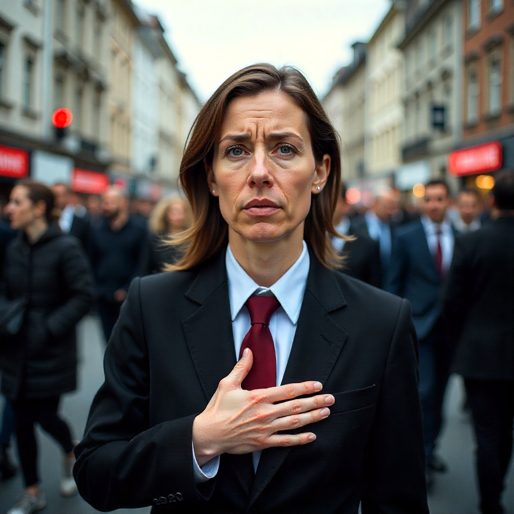 Women 40s, office cloth, in bern rush hour, looking tired and stressed