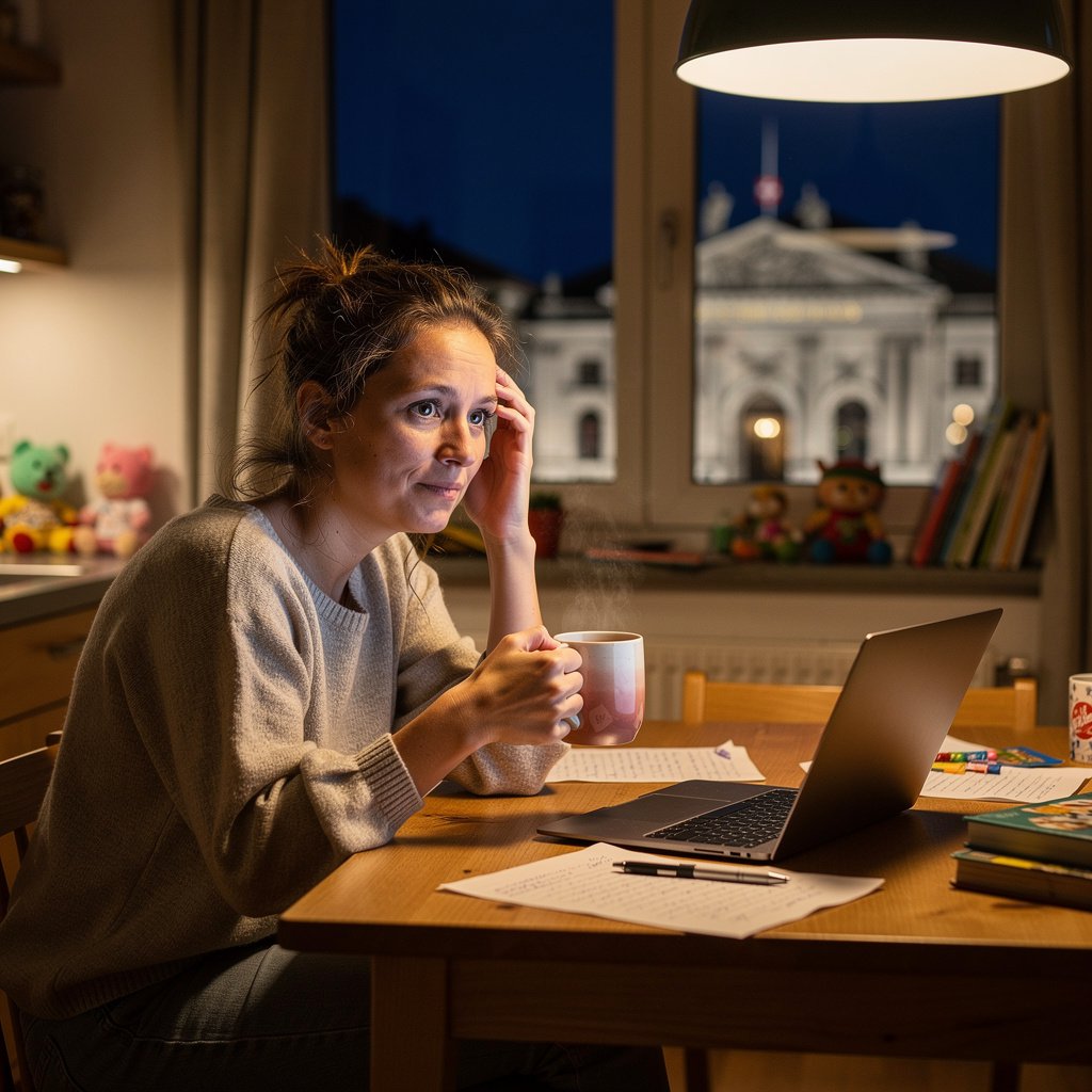 Erschöpfte Mutter zwischen Familie und Arbeit in Wohnung mit Bern-Blick