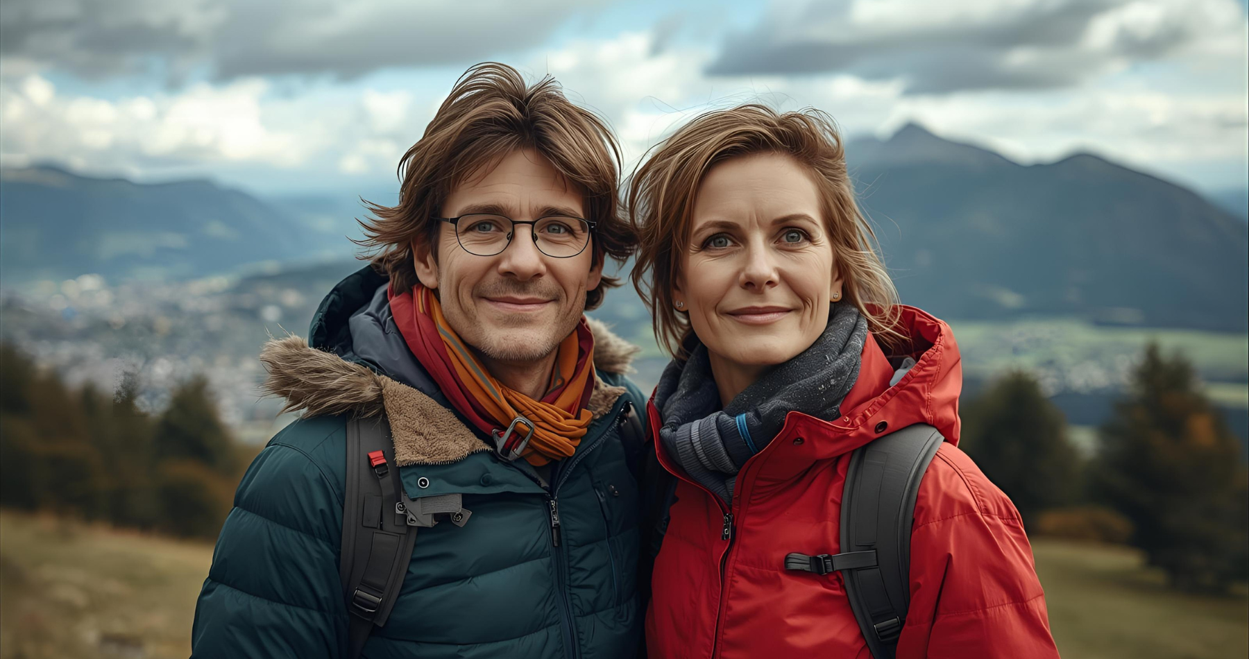 Couple picture in their 40s, going hiking and equipped together