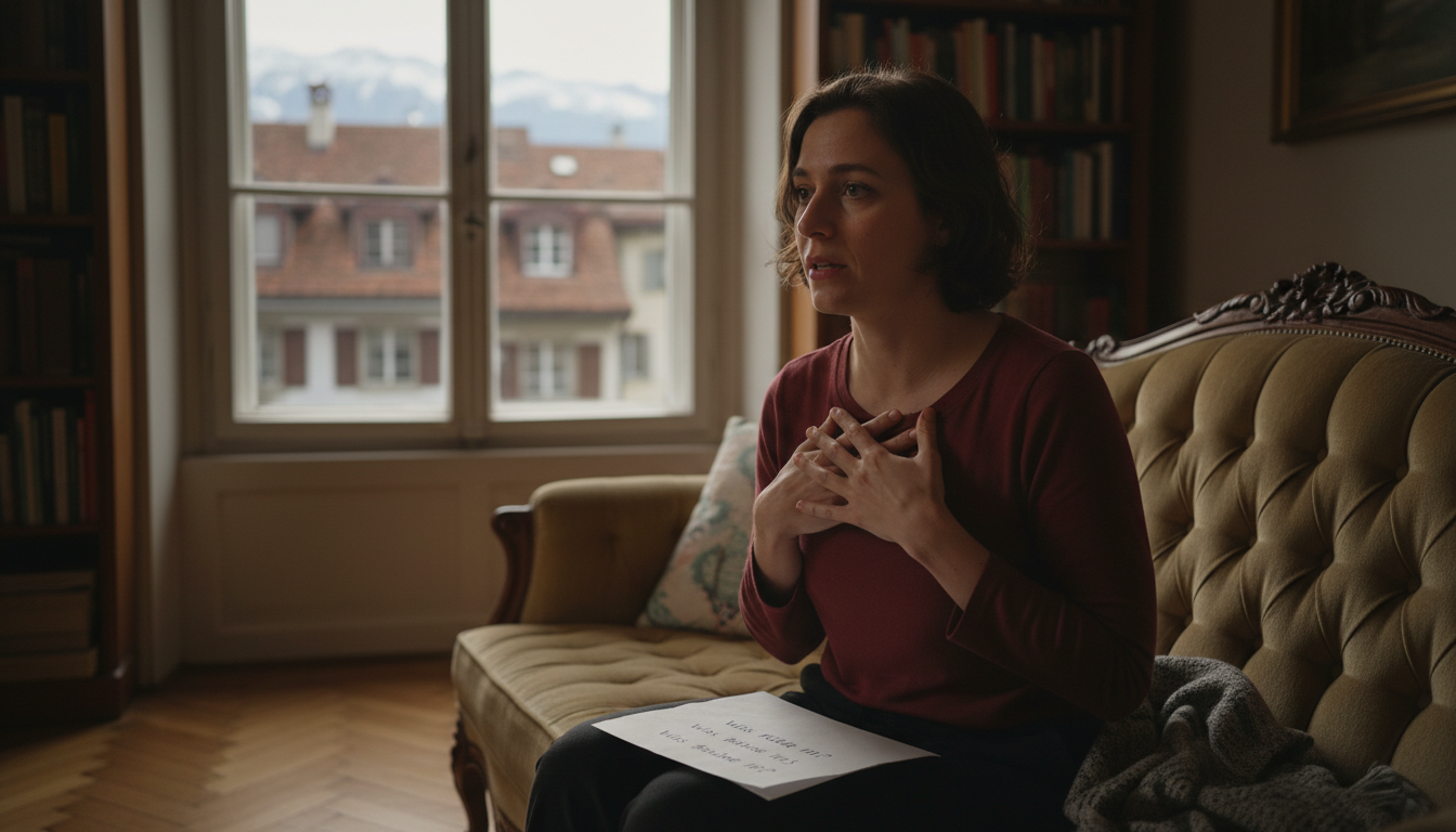 Women 30's sitting on her couch with both hands on her heart