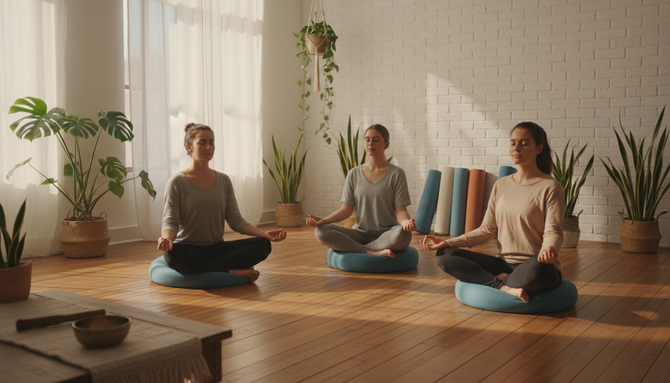 Junge Gruppe meditiert im Kreis im Mana Kendra Ostermundigen – MBSR Kurs Bern