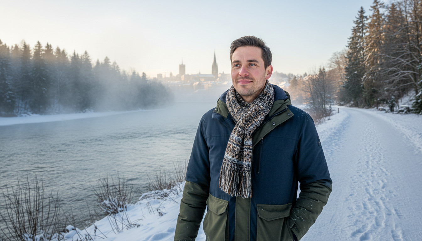 Man 30s walking next to aare in winter