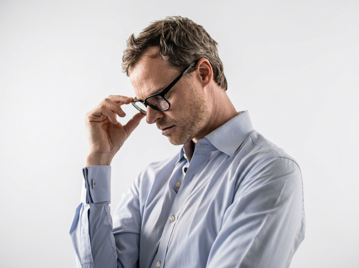 Ein Mann trägt eine hellblaue Hemd und liest nachdenklich, während er die Brille an seiner Nase hält.