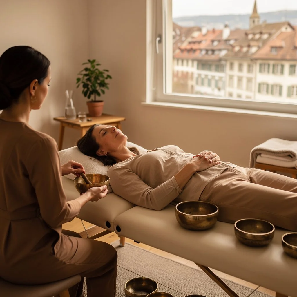 Frau in Klangtherapie-Sitzung erlebt tiefe Entspannung in Bern