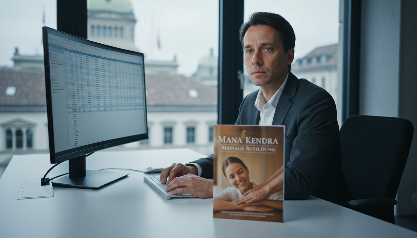 Man 40s sitting at his desk working on computer looking tired with mana kendra massage ausbildung book