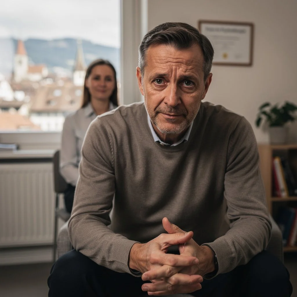 Mann im Burnout-Gespräch zwischen Erschöpfung und Hoffnung in Bern