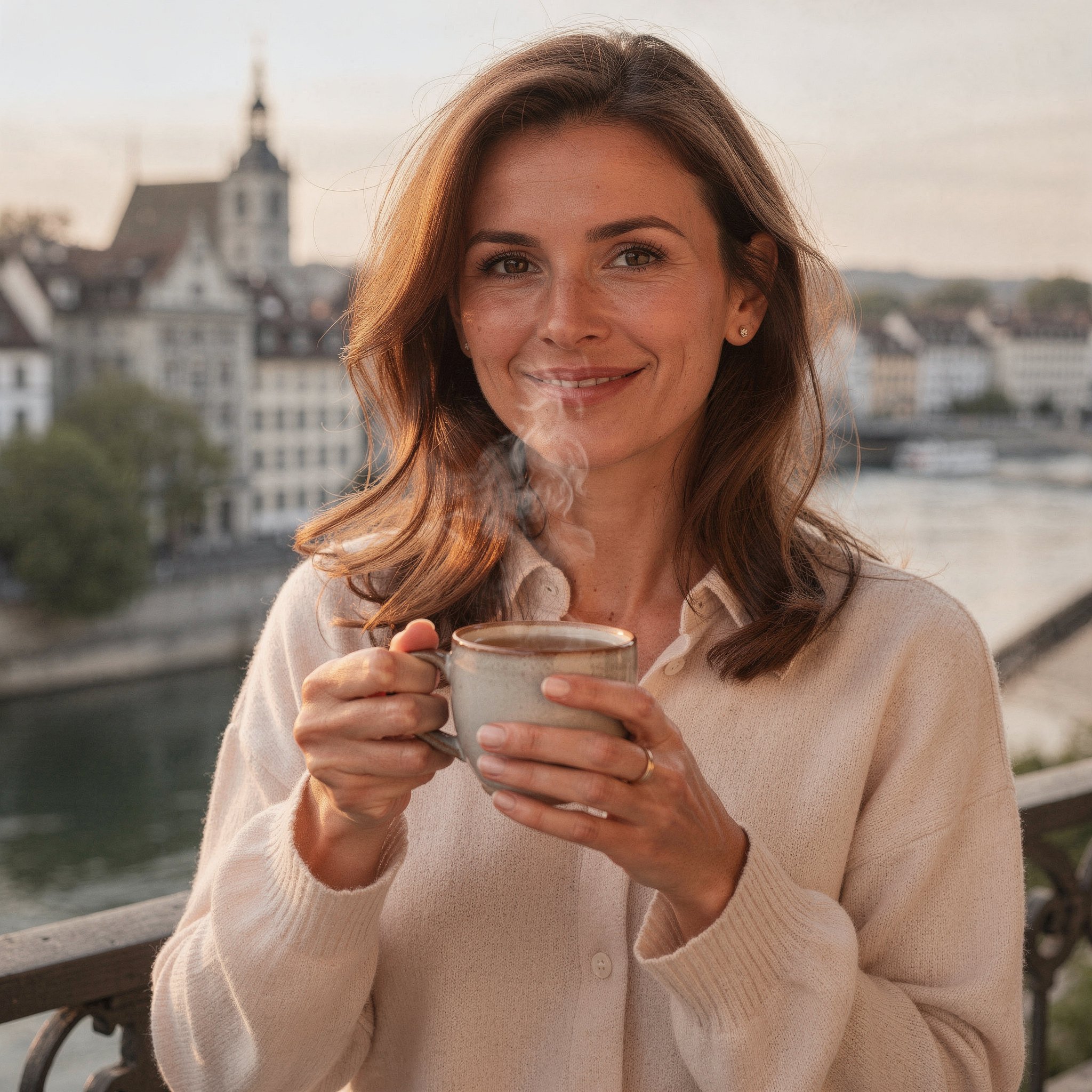 Erholte Frau nach digitalfreiem Abend – gesunder Schlaf in Bern