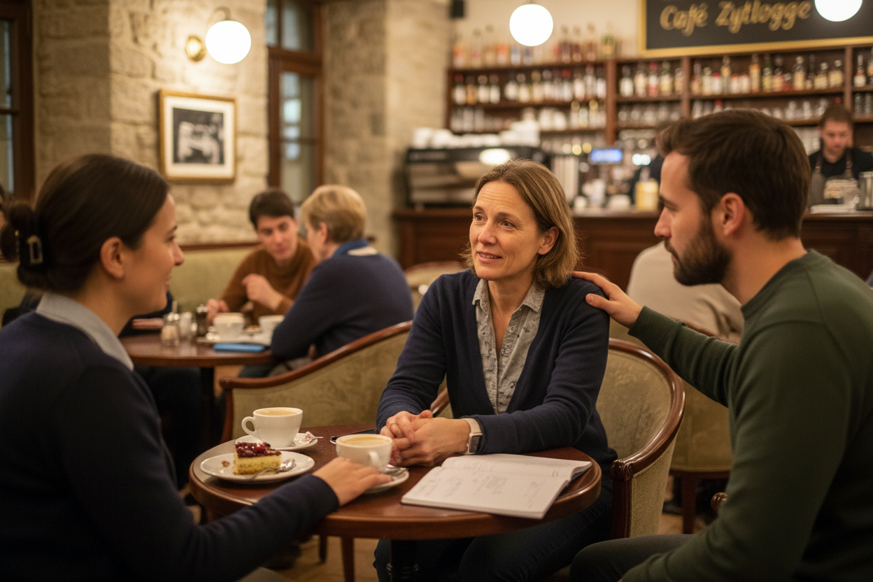 3 swiss people 40s sitting at a coffee table talking