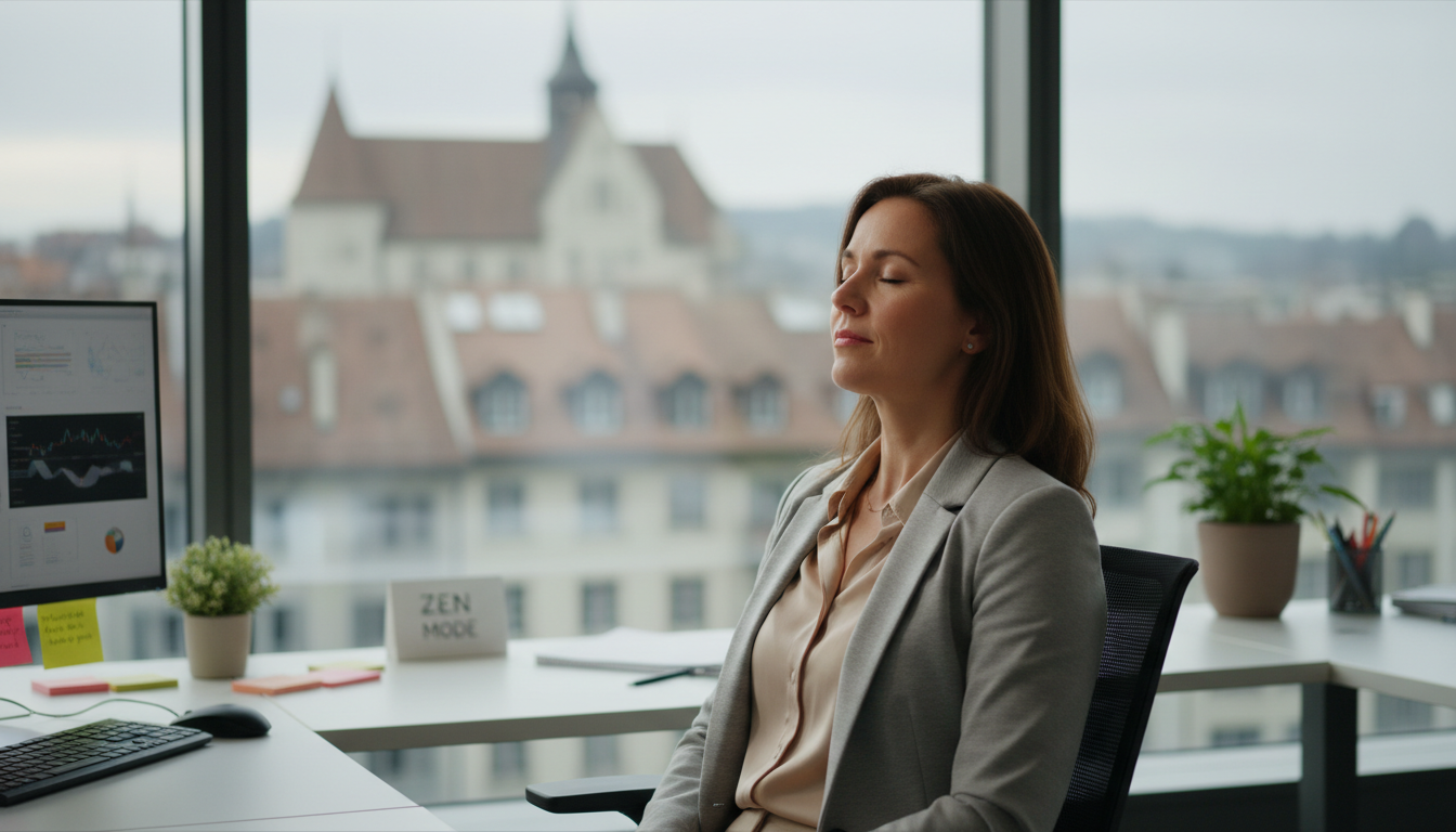 Junge Berufsfrau übt 4-6-Atemtechnik im Büro mit Bern-Blick – Atemübungen Stress Bern